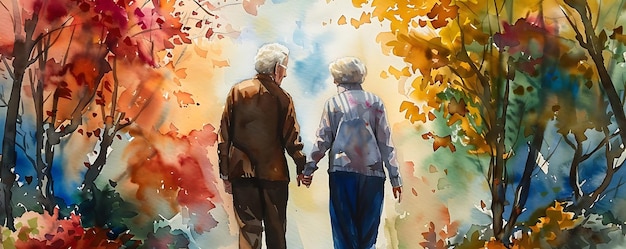 A beautiful watercolor painting of an elderly couple walking hand in hand through a vibrant autumn