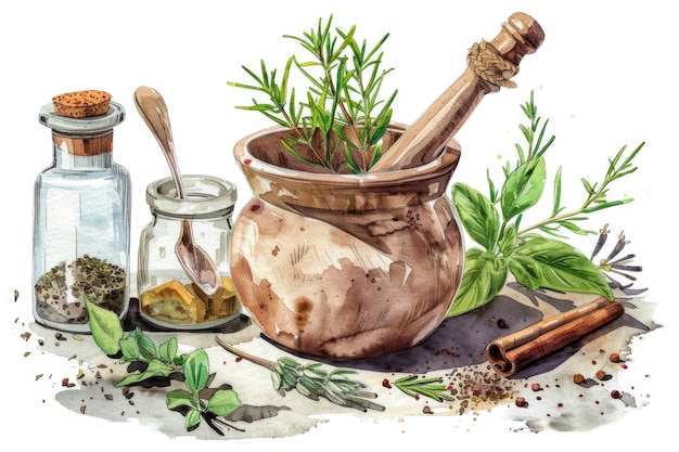 A beautiful watercolor painting of a mortar and various herbs Perfect for culinary or botanical themes