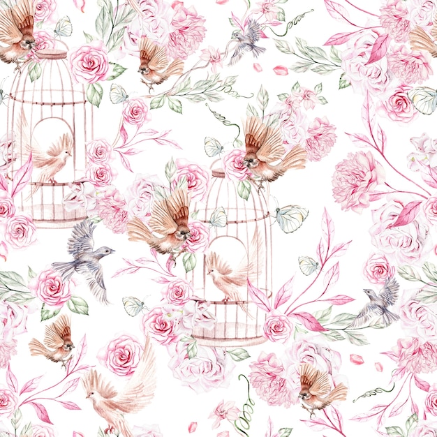 Beautiful watercolor pattern with birds and flowers and bird cage