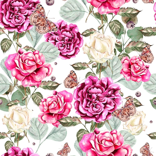 Beautiful watercolor pattern with flowers rose and butterfly illustration