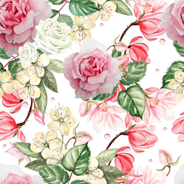 Beautiful watercolor pattern with roses and magnolia flowers Illustration