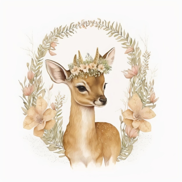 Beautiful watercolor realistic fawn in a romantic flower wreath