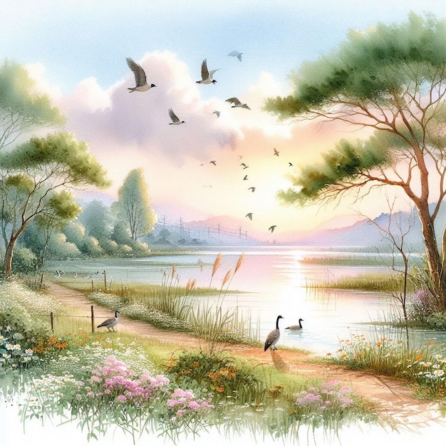 A beautiful watercolor scene by the riverside trees and flying birds