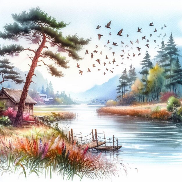 A beautiful watercolor scene by the riverside trees and flying birds