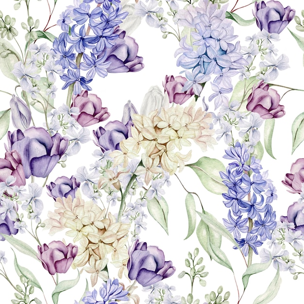 Beautiful watercolor seamless pattern  with different flowers of hyacinth tulips violet Illustration