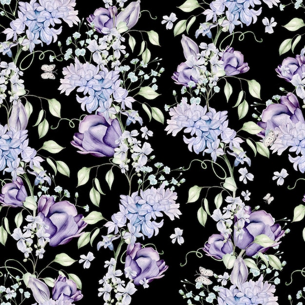 Beautiful watercolor seamless pattern  with different flowers of hyacinth tulips violet Illustration