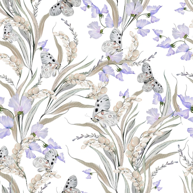 Beautiful watercolor seamless pattern with leaves and purple flowers butterfly Illustration