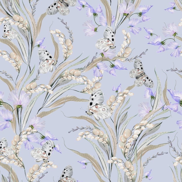 Beautiful watercolor seamless pattern with leaves and purple flowers butterfly Illustration