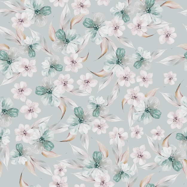 Beautiful watercolor seamless pattern with leaves and small flowers