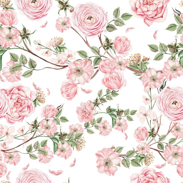 Beautiful watercolor seamless pattern with rose hip flowers and leaves. Illustration.