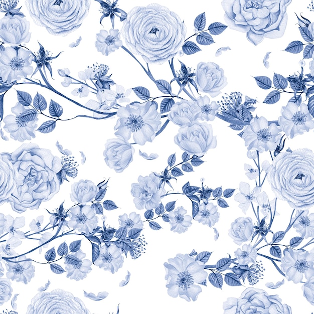 Beautiful watercolor seamless pattern with rose hip flowers and leaves. Illustration.