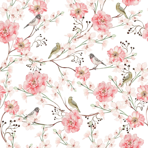 Beautiful watercolor seamless pattern with rose hip flowers and leaves. Illustration.