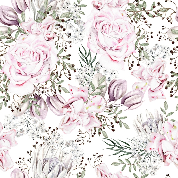 Beautiful watercolor seamless pattern with roses and peony flowers Illustration