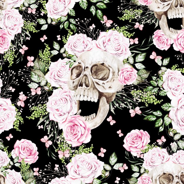 Beautiful watercolor seamless pattern with skull and flowers of peony and roses.  Illustration