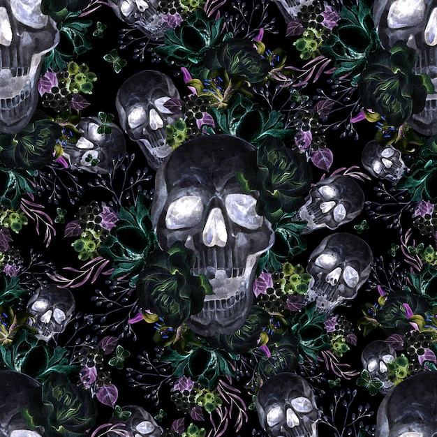 Beautiful watercolor seamless pattern with skull and flowers of peony and roses.  Illustration