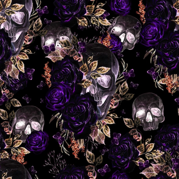 Beautiful watercolor seamless pattern with skull and flowers of peony and roses.  Illustration