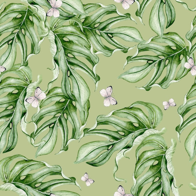 Beautiful watercolor seamless pattern with tropical leaves. Illustration