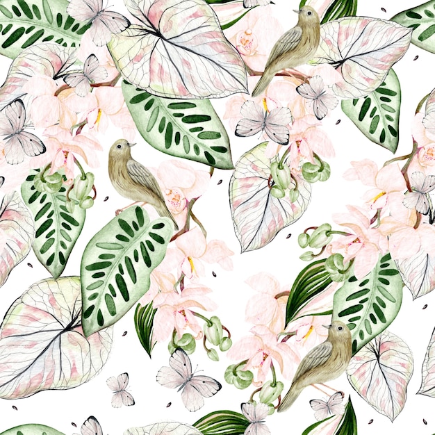 Beautiful watercolor seamless pattern with tropical leaves, orchids flower, bird and butterfly. Illustration