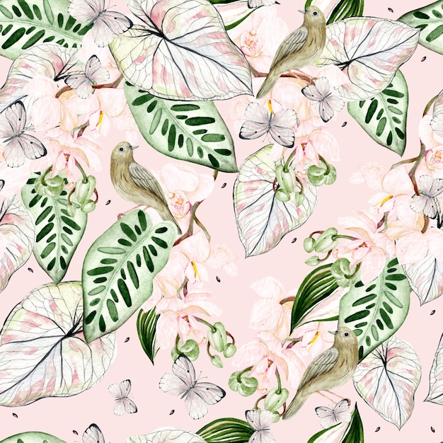 Beautiful watercolor seamless pattern with tropical leaves, orchids flower, bird and butterfly. Illustration