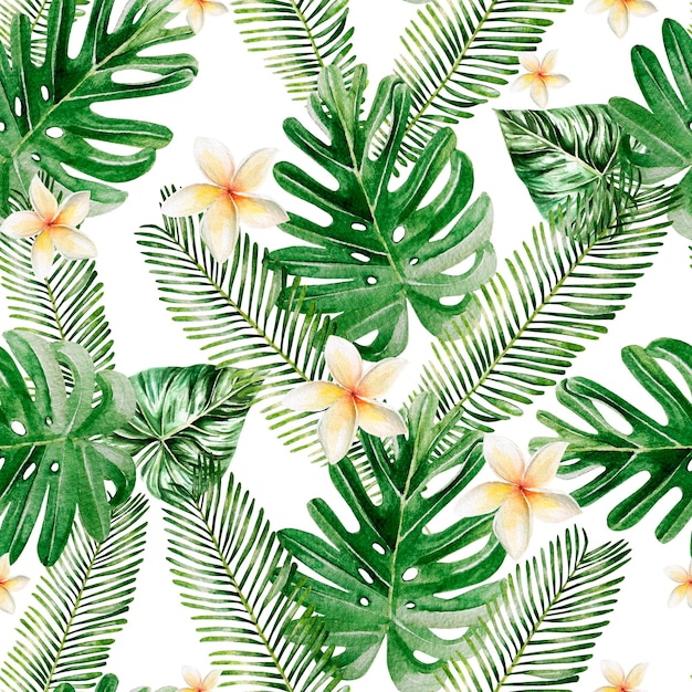 Beautiful watercolor seamless tropical jungle floral pattern background with palm leaves and Monstera leaves Illustration