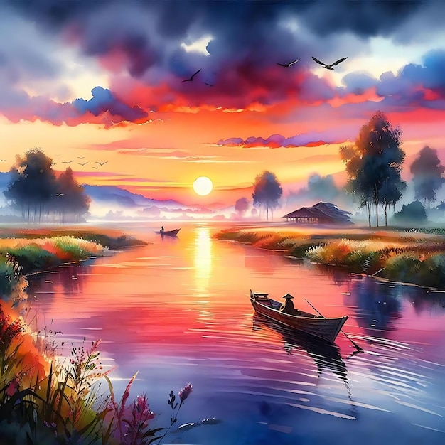 Beautiful watercolor sunset background scenery