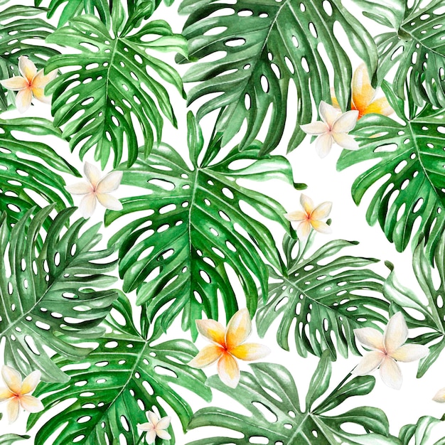 Beautiful watercolor tropical pattern with flowers and tropical leaves llustration