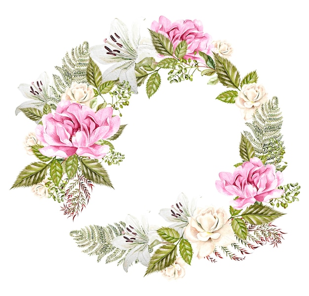 Beautiful Watercolor Wedding Wreath with roses lily and peony flowers I