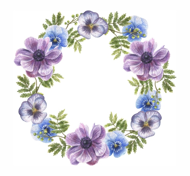 Beautiful watercolor wreath illustration with hand drawn watercolor delicate anemone and violet