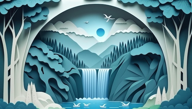 Beautiful waterfall background in paper cut style Generative AI