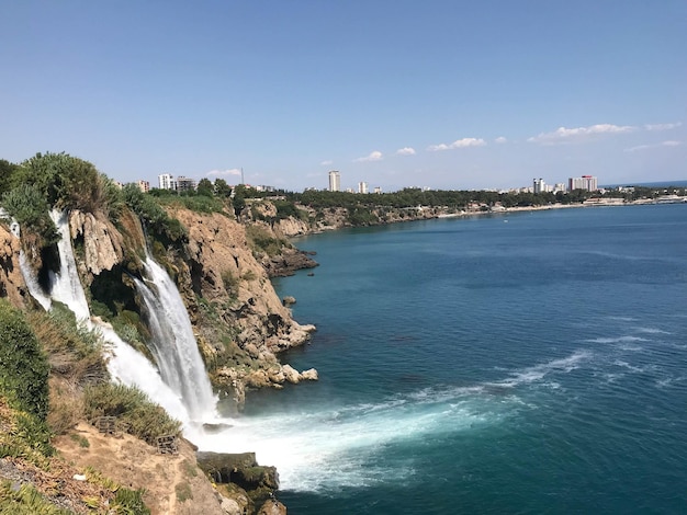 Beautiful waterfall falling into the sea Big Waterfall