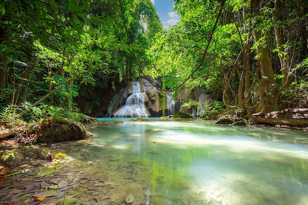 beautiful waterfall in the forest,Erawan Waterfall in Thailand