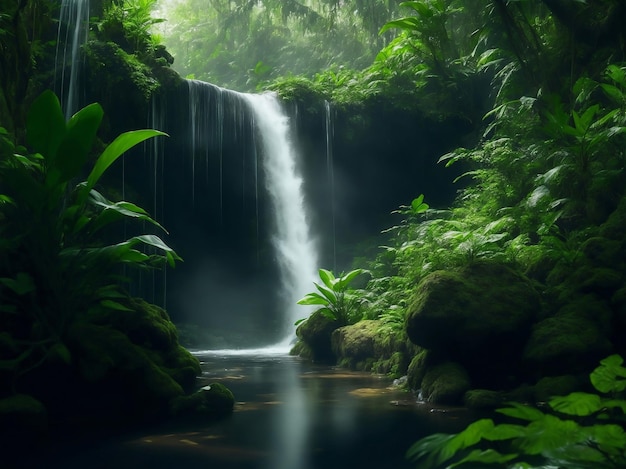 A beautiful waterfall in forest Generative AI Illustration