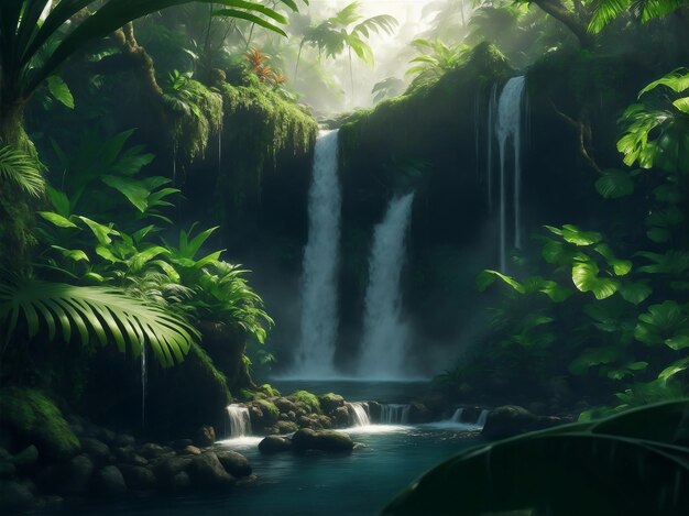 A beautiful waterfall in forest Generative AI Illustration