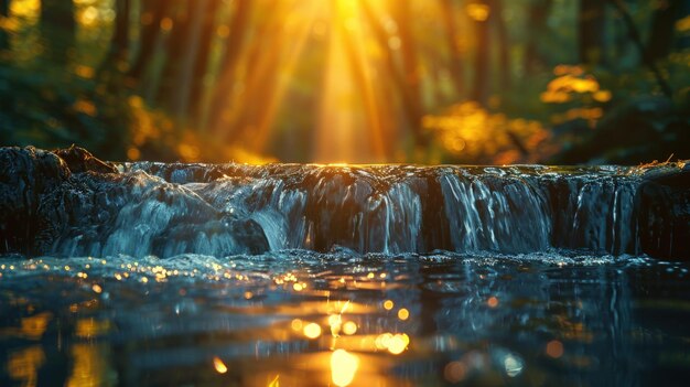 Photo a beautiful waterfall in a forest illuminated by golden sunlight rays