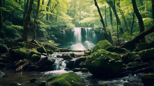 Beautiful waterfall in the forest Summer landscape with a waterfall