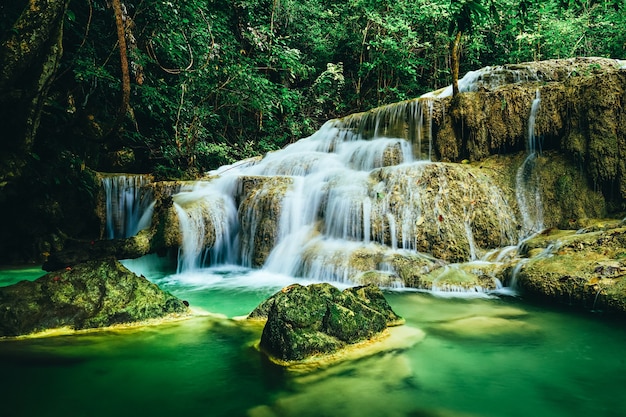 Beautiful waterfall in the rain forest jungle of thailand. 