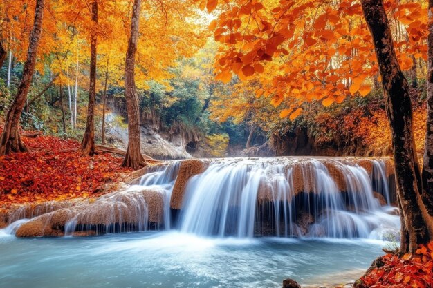 Photo beautiful waterfall surrounded by vibrant autumn foliage in a serene forest setting