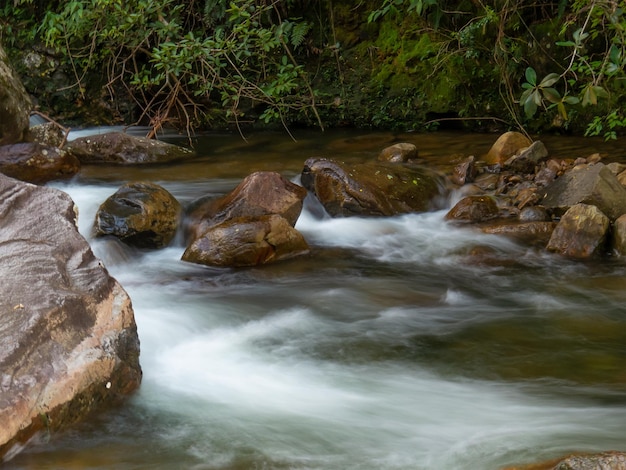 Beautiful waterfall with blurred crystalline waters photographed in long exposure