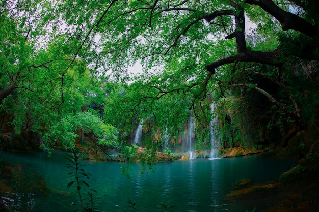 Beautiful waterfalls over emerald water in deep green forest in Kursunlu Natural Park Antalya