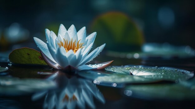 Beautiful waterlily flower closeup in the water on a blurred blue natural background Generative AI