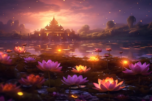 Beautiful waterlily or lotus flower and buddhist temple at sunset