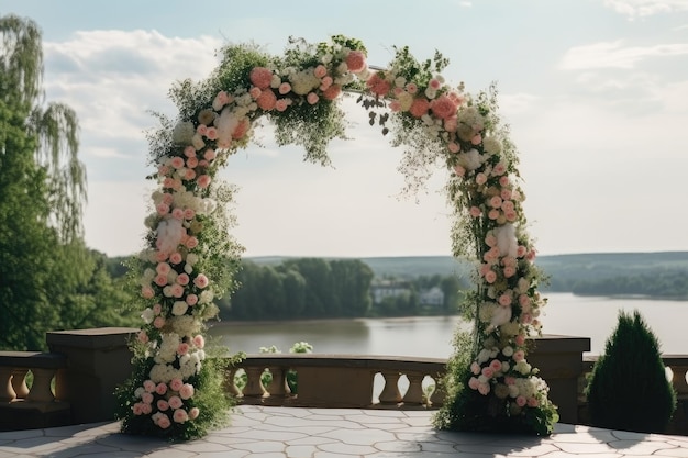 Beautiful wedding arch decorated with flowers and greenery