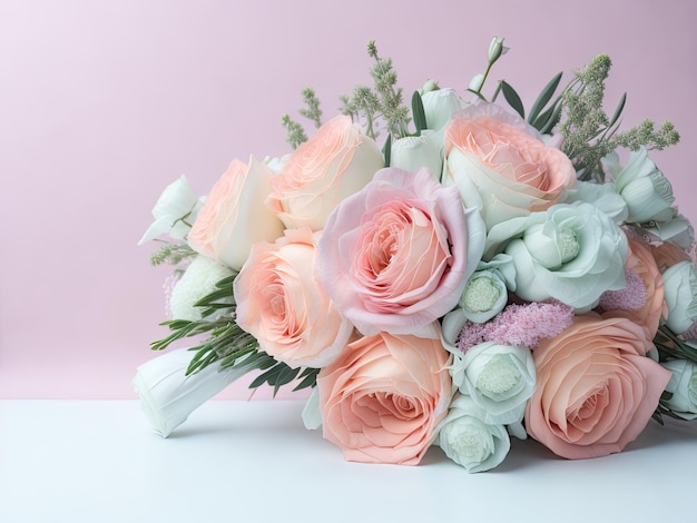 Beautiful wedding bouquet in pastel colors on pastel background ai generative