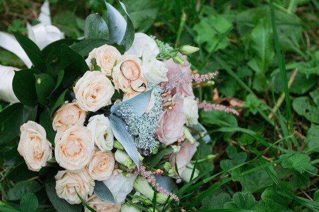 Beautiful wedding bouquet and rings Wedding day