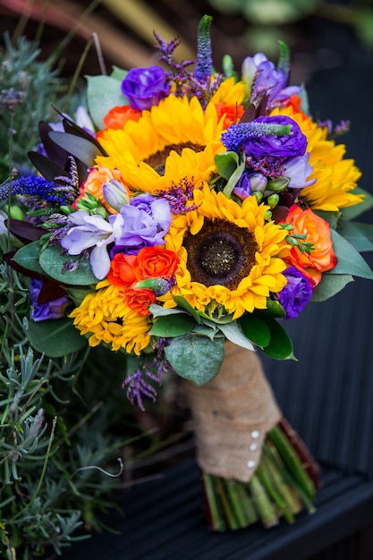 Beautiful Wedding Bouquet of sunflowers yellow and purple