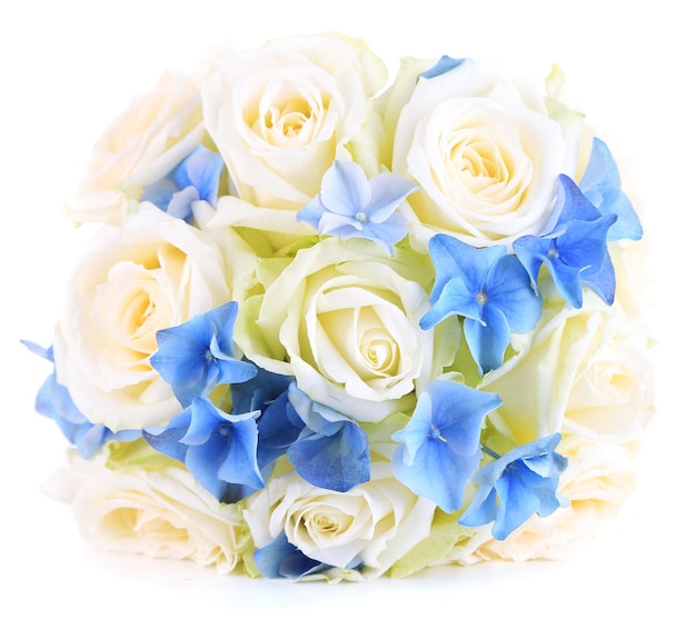 Beautiful wedding bouquet with roses, isolated on white