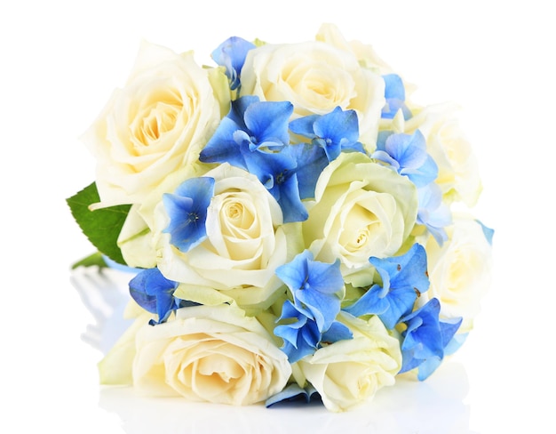 Beautiful wedding bouquet with roses, isolated on white