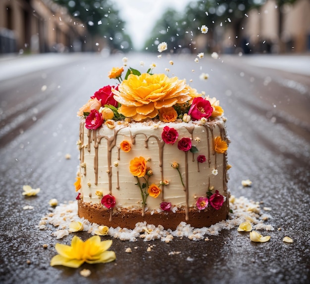 Beautiful wedding cake with flowers and raindrops on the road