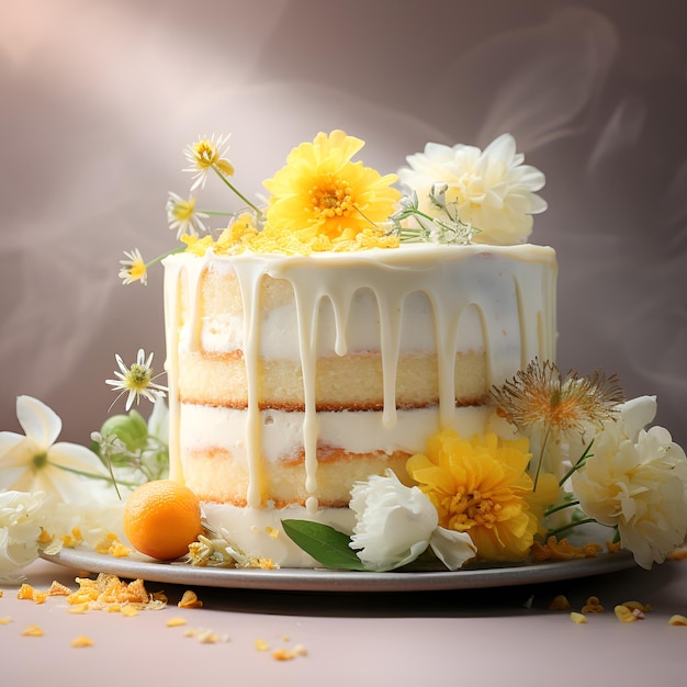 beautiful wedding cake in yellow tones with flowers