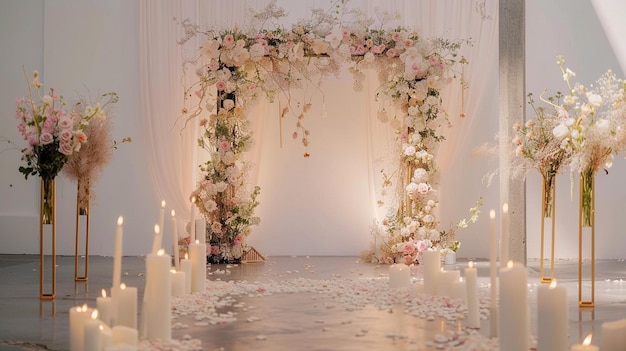 Beautiful Wedding Ceremony Decor with Floral Arch and Candles